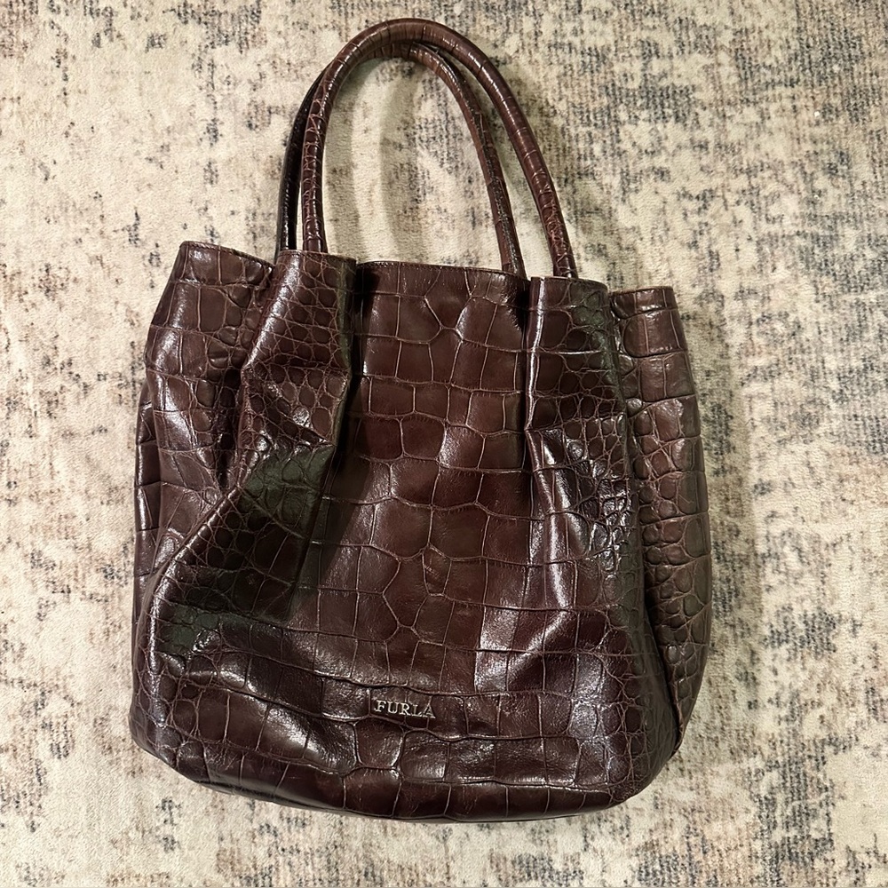 Furla Crocodile Embossed‎ Genuine Leather Tote Shoulder Bag Brown